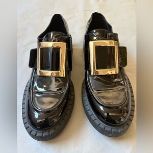 Tony Blanco Black Patent Leather Loafers with Silver Buckle 8.5